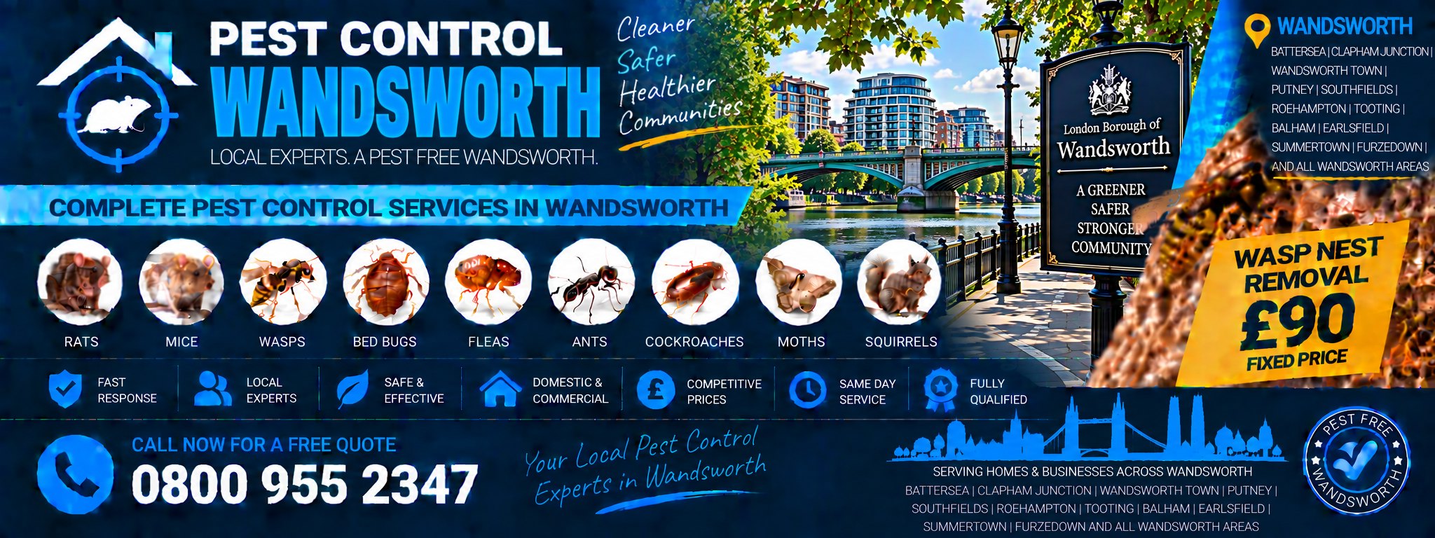 Pest Control Wandsworth — treatments for rats, mice, wasps, bed bugs, fleas, cockroaches, ants, squirrels, moths and spiders across Putney, Balham, Tooting and Battersea. Wasp nest removal £90 fixed price. Call 0800 955 2347.