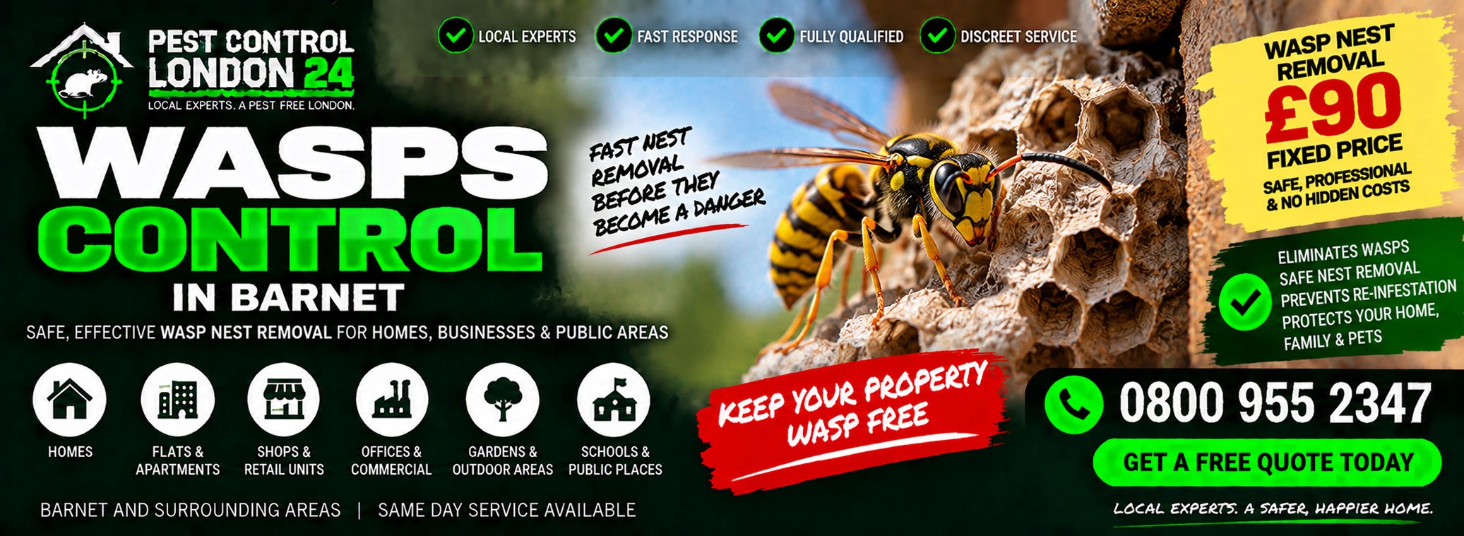 Wasp Nest Removal Barnet — Pest Control London 24. Wasp nest removal £90 fixed price. Call 0800 955 2347.