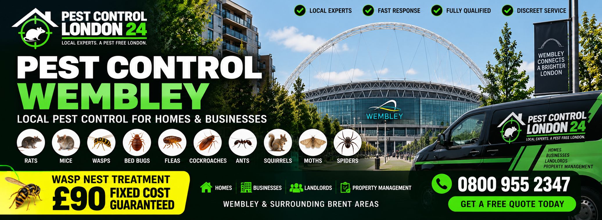 Pest Control Wembley — Pest Control London 24, pest control for homes and businesses in Wembley and surrounding Brent areas. Wasp nest treatment £90 fixed price. Call 0800 955 2347.