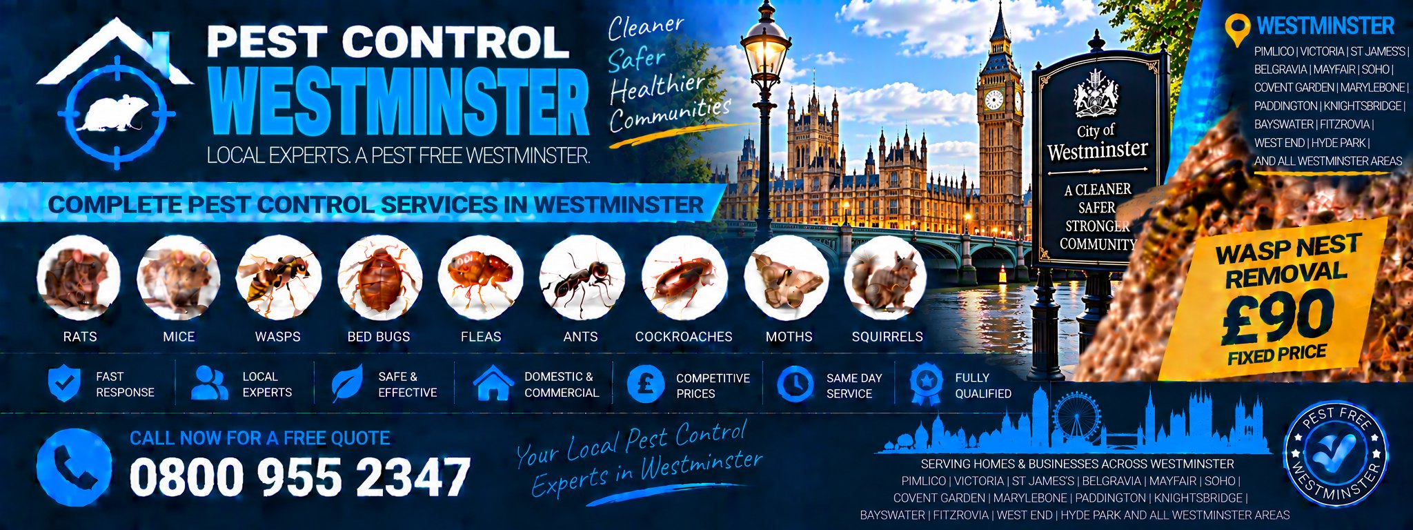 Pest Control Westminster — treatments for rats, mice, wasps, bed bugs, fleas, cockroaches, ants, squirrels, moths and spiders across Soho, Mayfair, Marylebone and Pimlico. Wasp nest removal £90 fixed price. Call 0800 955 2347.
