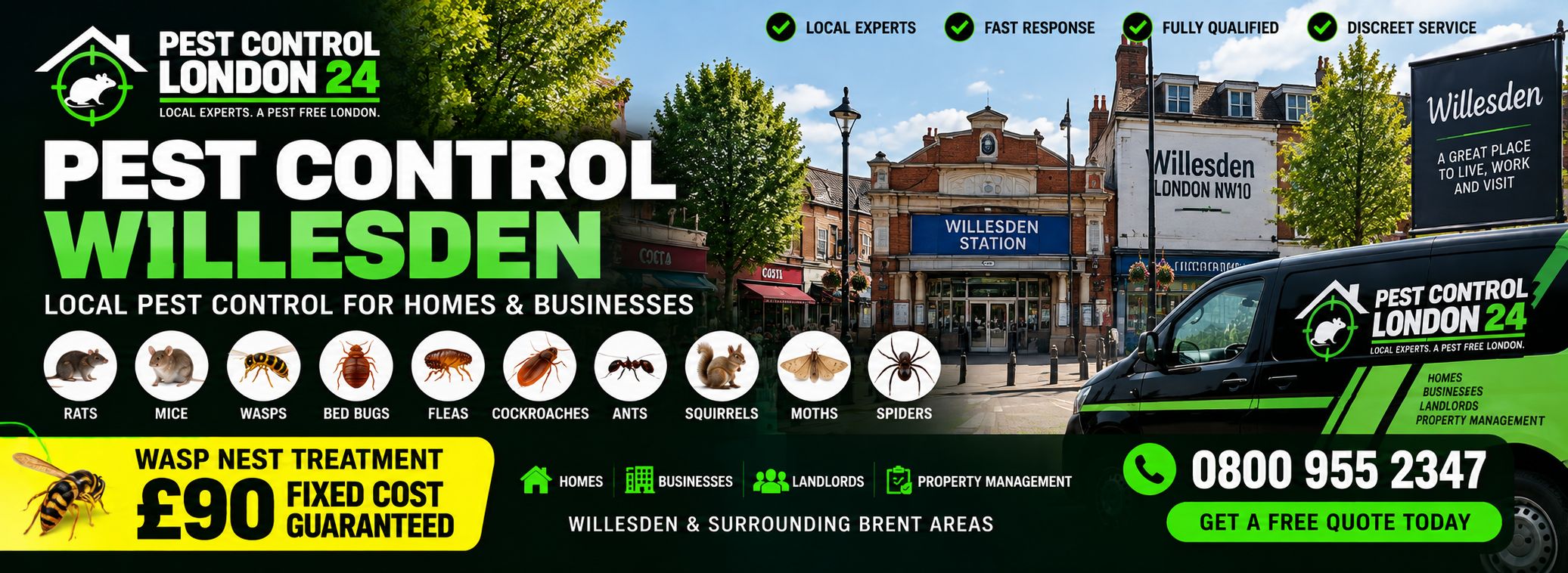 Pest Control Willesden — Pest Control London 24, pest control for homes and businesses in Willesden and surrounding Brent areas. Wasp nest treatment £90 fixed price. Call 0800 955 2347.