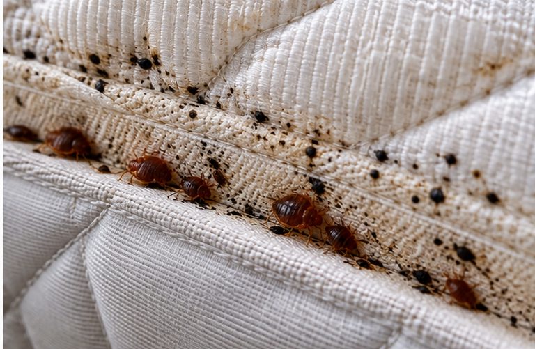 Bed bugs and dark spotting along a mattress seam