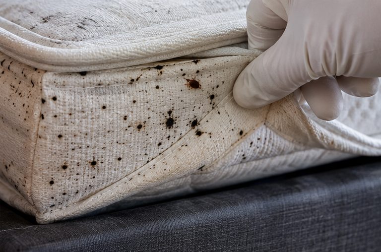 Gloved hand lifting a mattress edge to check for bed bugs