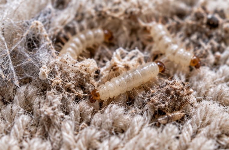 Larvae and webbing in carpet pile