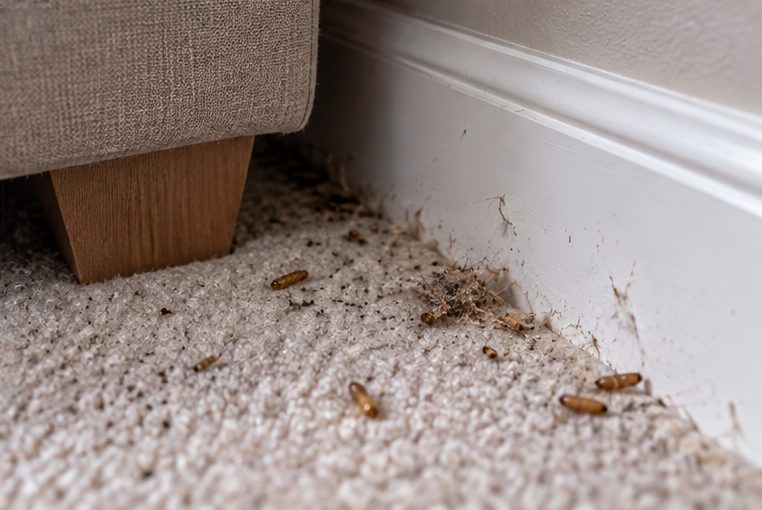 Carpet damage along a skirting board beside a sofa