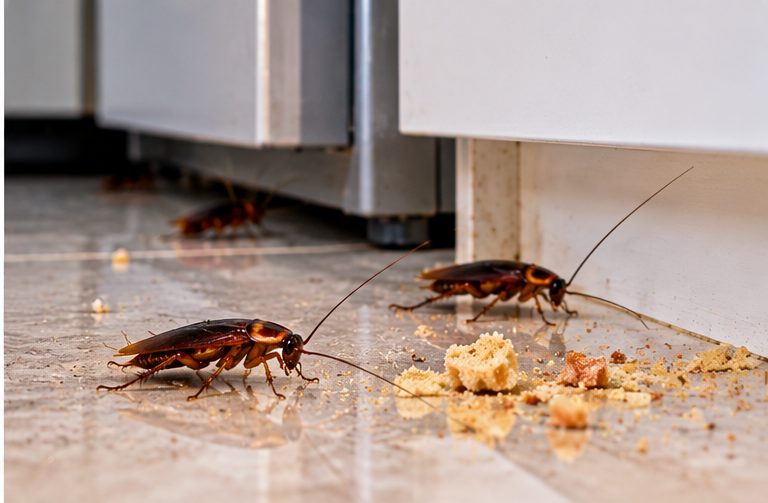 Cockroaches on a kitchen floor beside a fridge