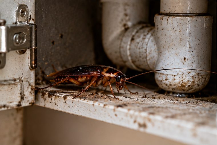 Cockroach in a cupboard under a sink
