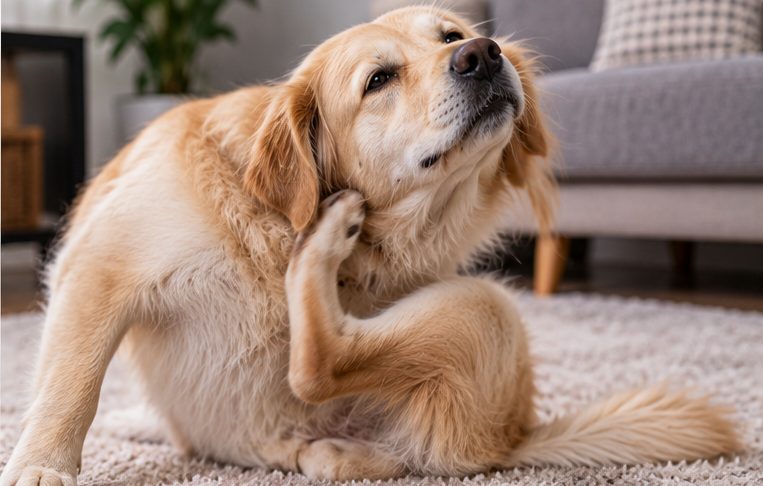 Dog scratching on a living-room carpet
