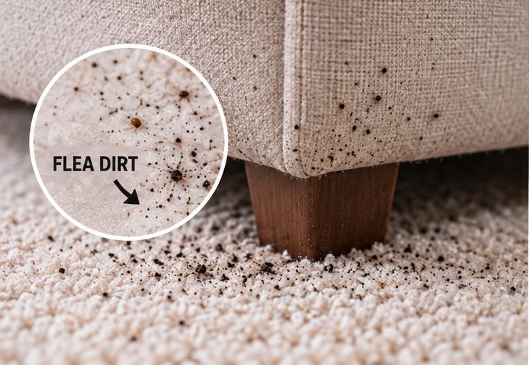 Flea dirt on carpet beside a sofa leg