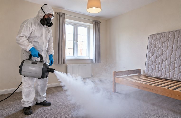 Technician in a protective suit fogging an empty bedroom