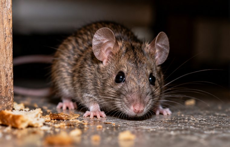 Mouse beside food crumbs on a floor
