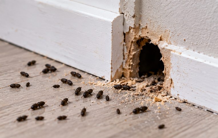 Mouse droppings by a gnawed hole in a skirting board