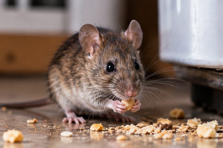 Mouse eating crumbs beside a kitchen appliance