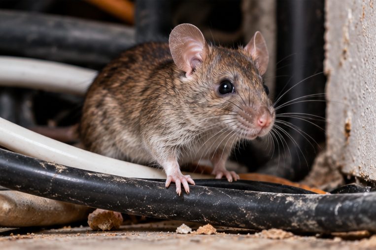 Mouse among cables behind an appliance