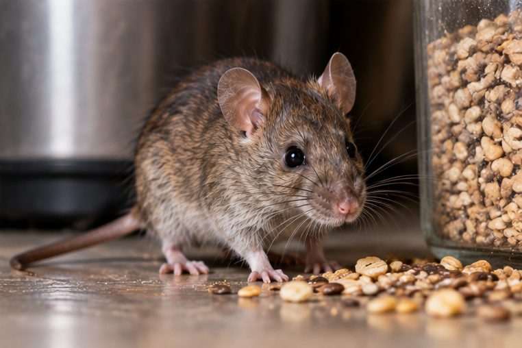 Mouse beside spilled food next to a storage jar