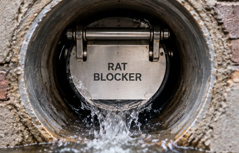 Rat blocker flap fitted inside a drain pipe