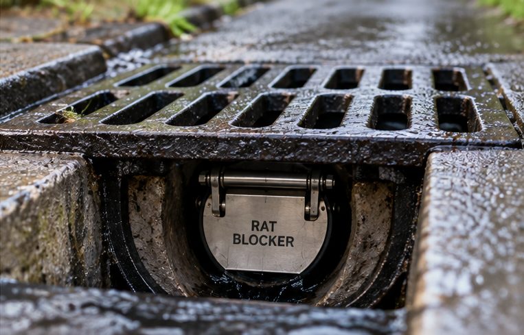 Rat blocker below a drain grate