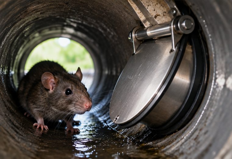 Rat stopped by a one-way flap inside a sewer pipe