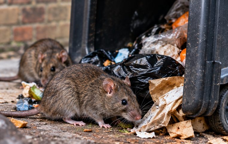 Rats feeding on rubbish beside a wheelie bin