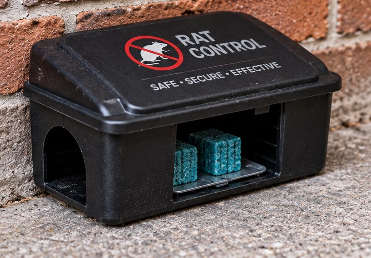 Lockable rodent bait station against a brick wall