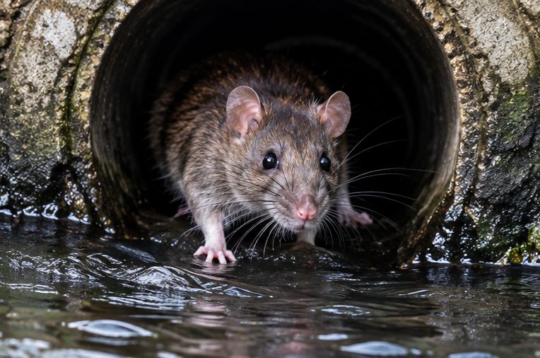 Rat at the mouth of a drain pipe