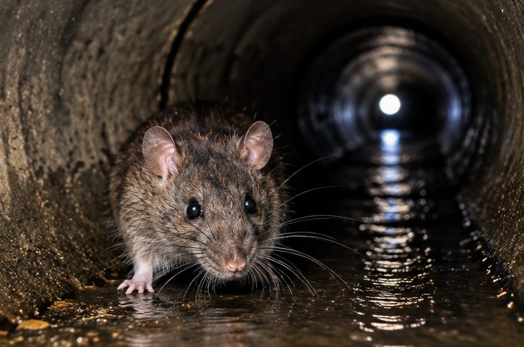 Rat inside a sewer pipe