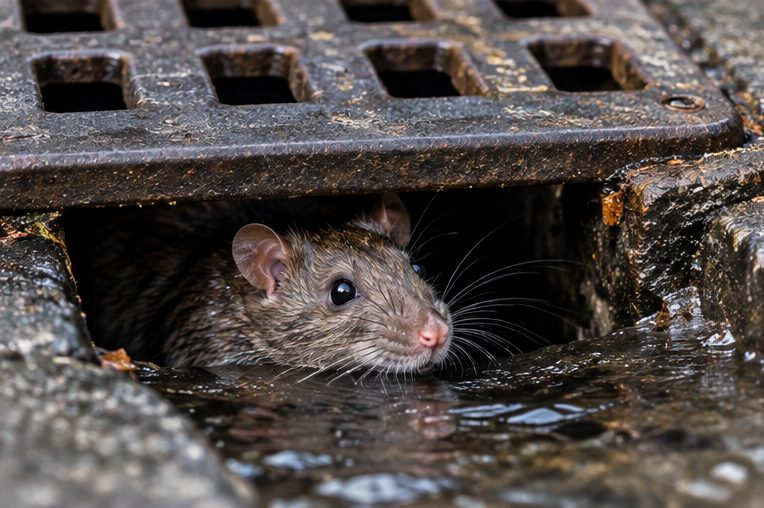 Rat looking out from under a drain grate
