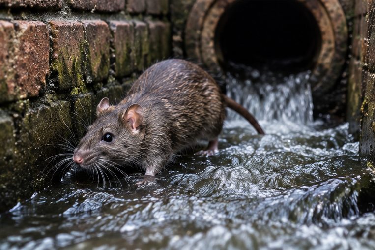 Rat climbing out of a pipe outfall into running water