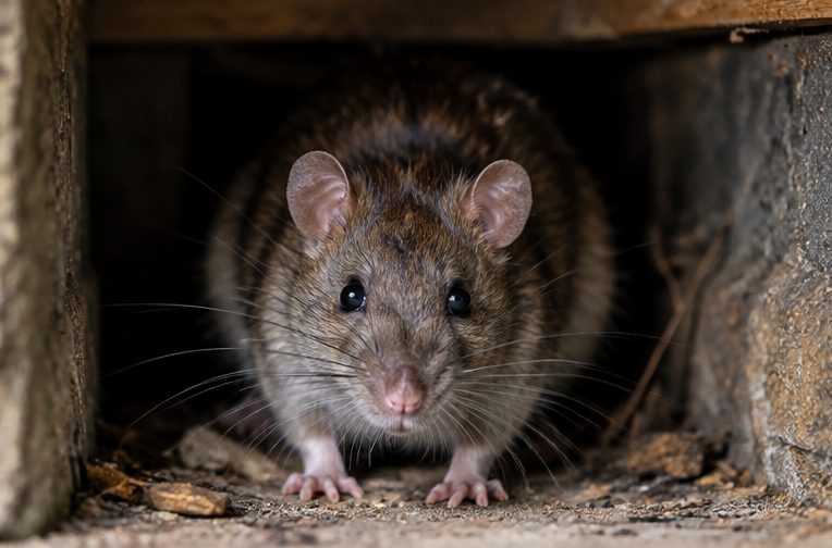 Rat in a gap at the base of a wall