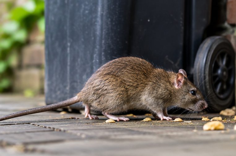 Rat beside a wheelie bin on a garden path