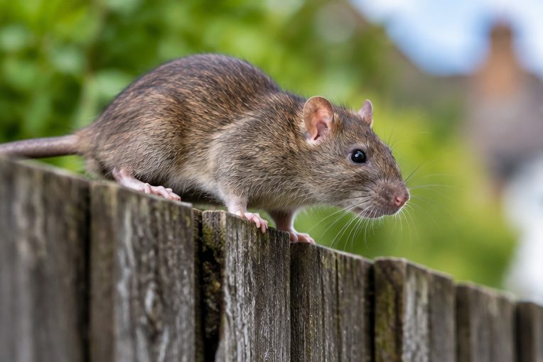 Rat running along the top of a garden fence