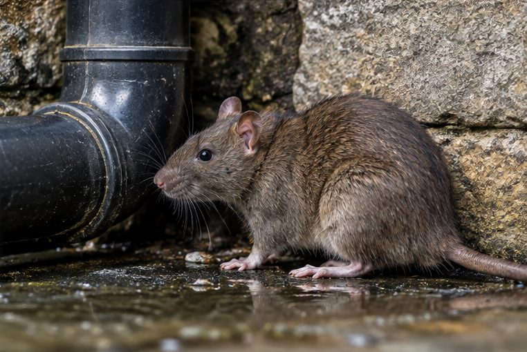 Rat beside a waste pipe at the foot of a wall