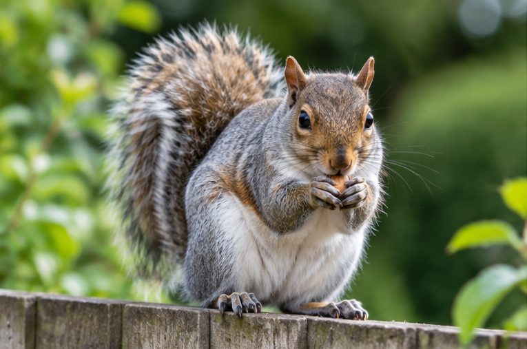 Grey squirrel on a garden fence