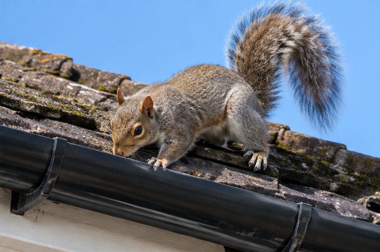 Grey squirrel on a roof beside a gutter