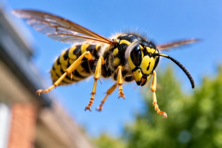 Wasp in flight near a house