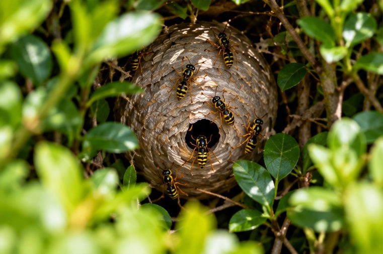Wasp nest in a garden hedge