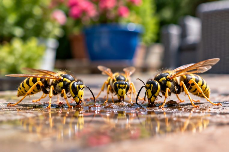 Wasps on a wet garden table