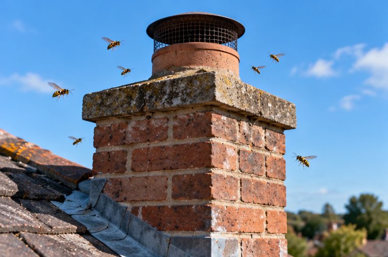 Wasps flying around a brick chimney