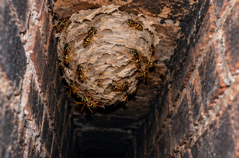 Wasp nest inside a chimney flue