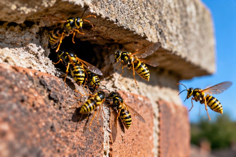 Wasps going in and out of a gap in brickwork