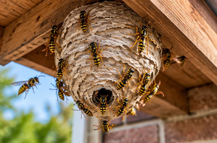 Wasp nest under a wooden roof overhang
