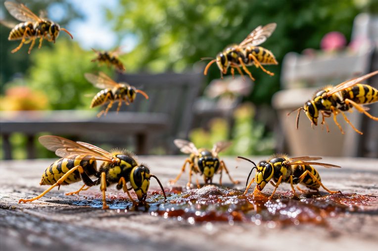 Wasps feeding on a sticky spill on a garden table