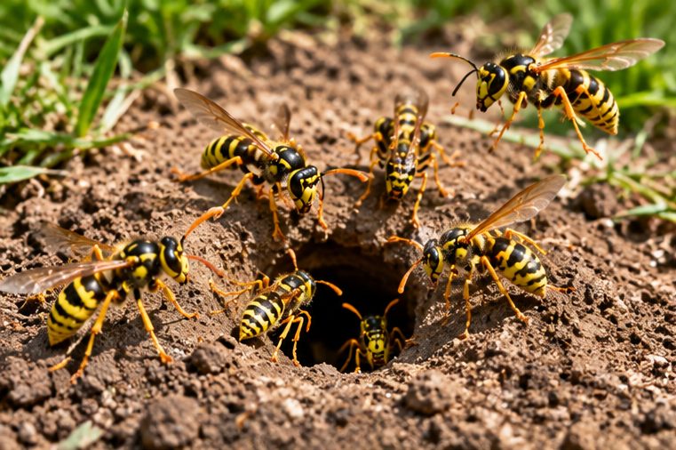 Wasps around a nest entrance in bare soil