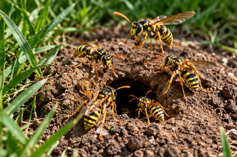 Wasps at a nest hole in a lawn