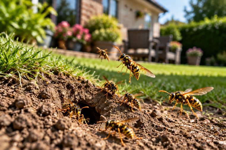 Wasps flying into a ground nest at the edge of a lawn