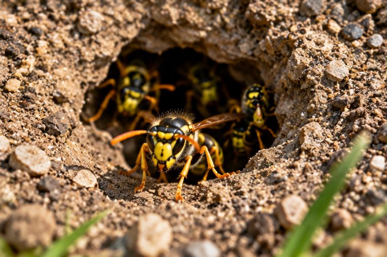 Close-up of wasps in a ground nest entrance
