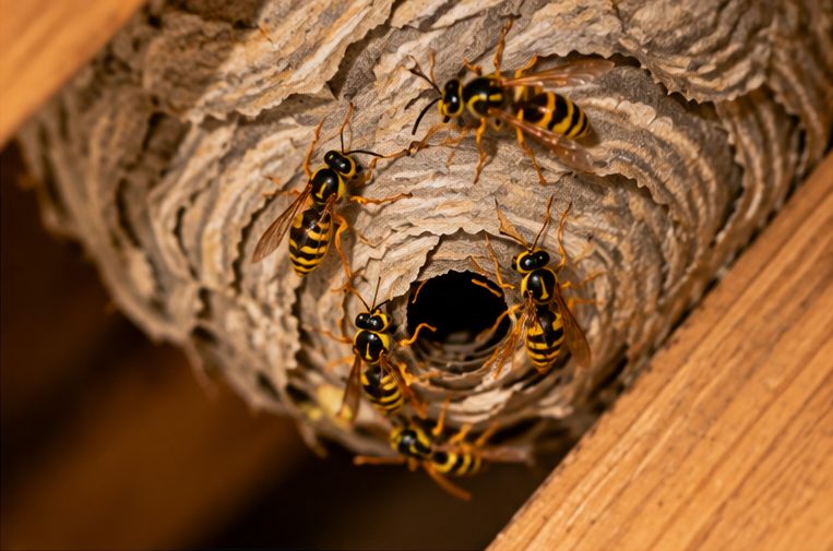 Close-up of a wasp nest entrance